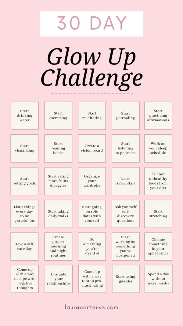 a pin for a blog post that talks about a 30-day glow-up challenge