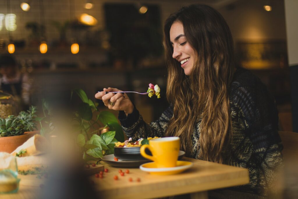 a woman eating mindfully