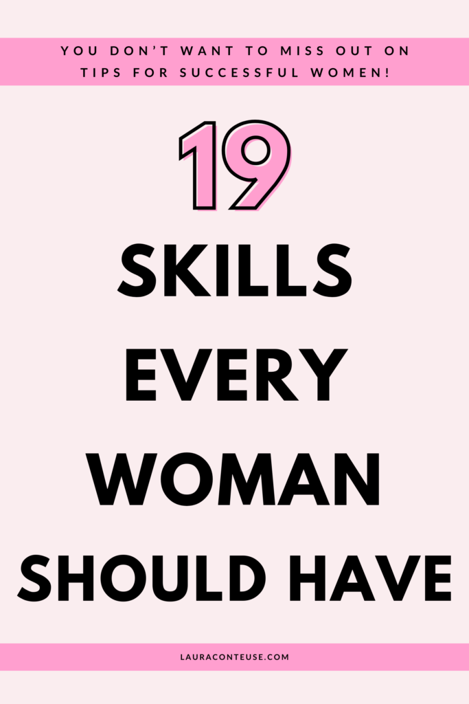 a pin that says in a large font skills every woman should have