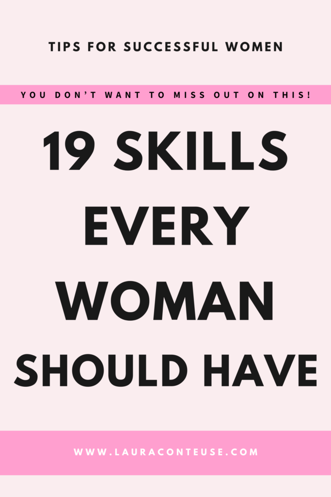 a pin that says in a large font skills every woman should have