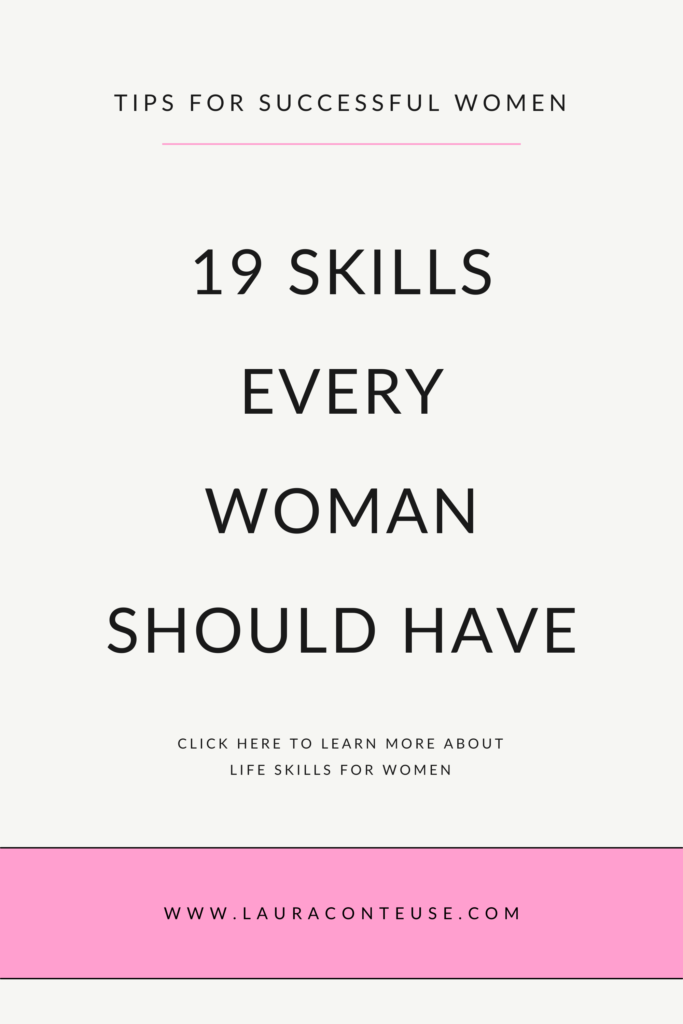 a pin that says in a large font skills every woman should have