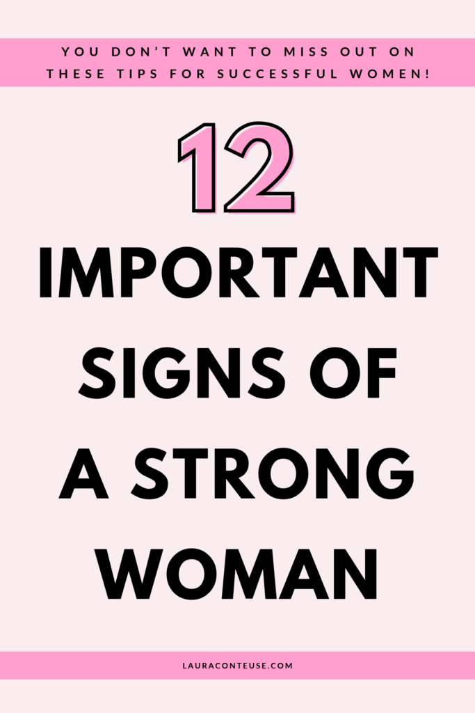 a pin that says in a large font signs of a strong woman