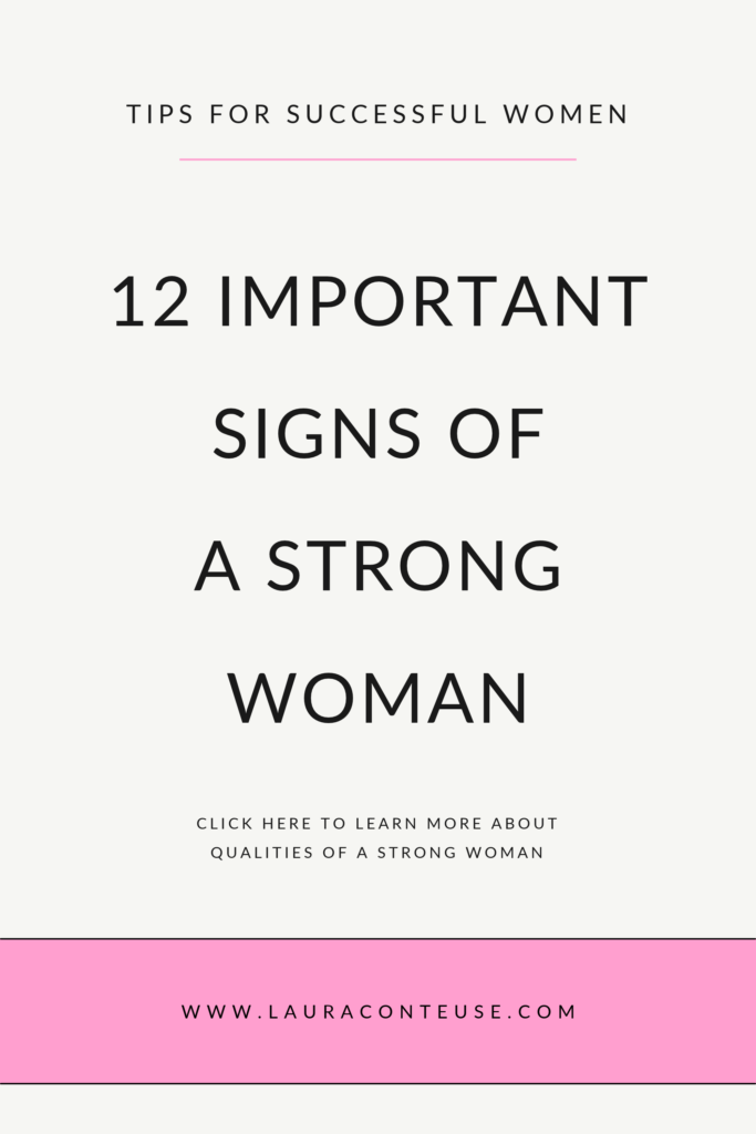 a pin that says in a large font signs of a strong woman